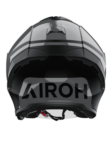 Casque Airoh H 21 vu de dos, noir et gris avec visière ouverte et doublure intérieure visible
