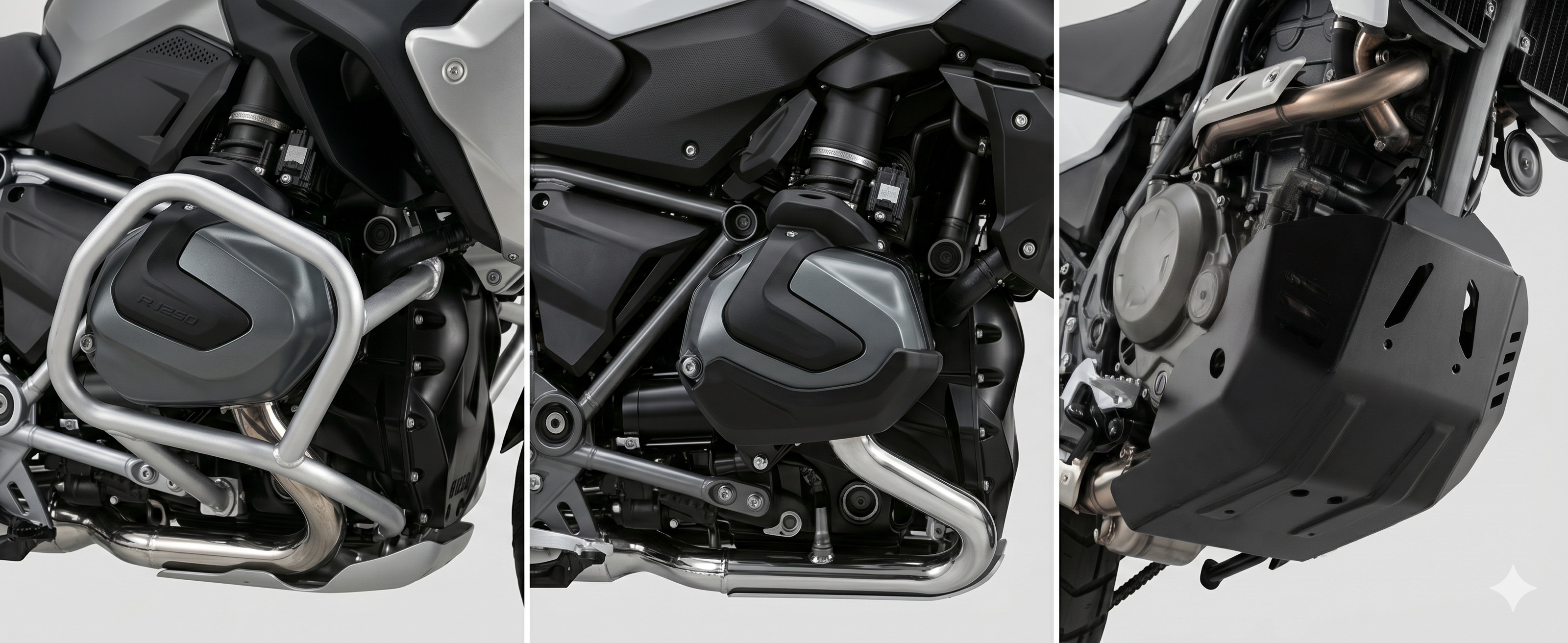 Comparaison des trois protections moto : crash bar tubulaire, pare-carter plat et sabot moteur aluminium