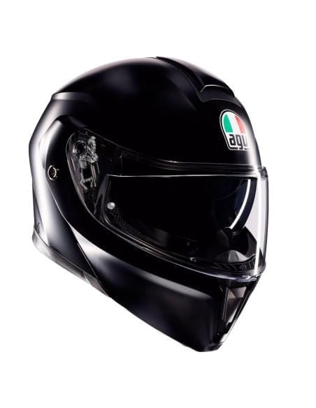 Casque moto noir avec visière transparente vu de côté.