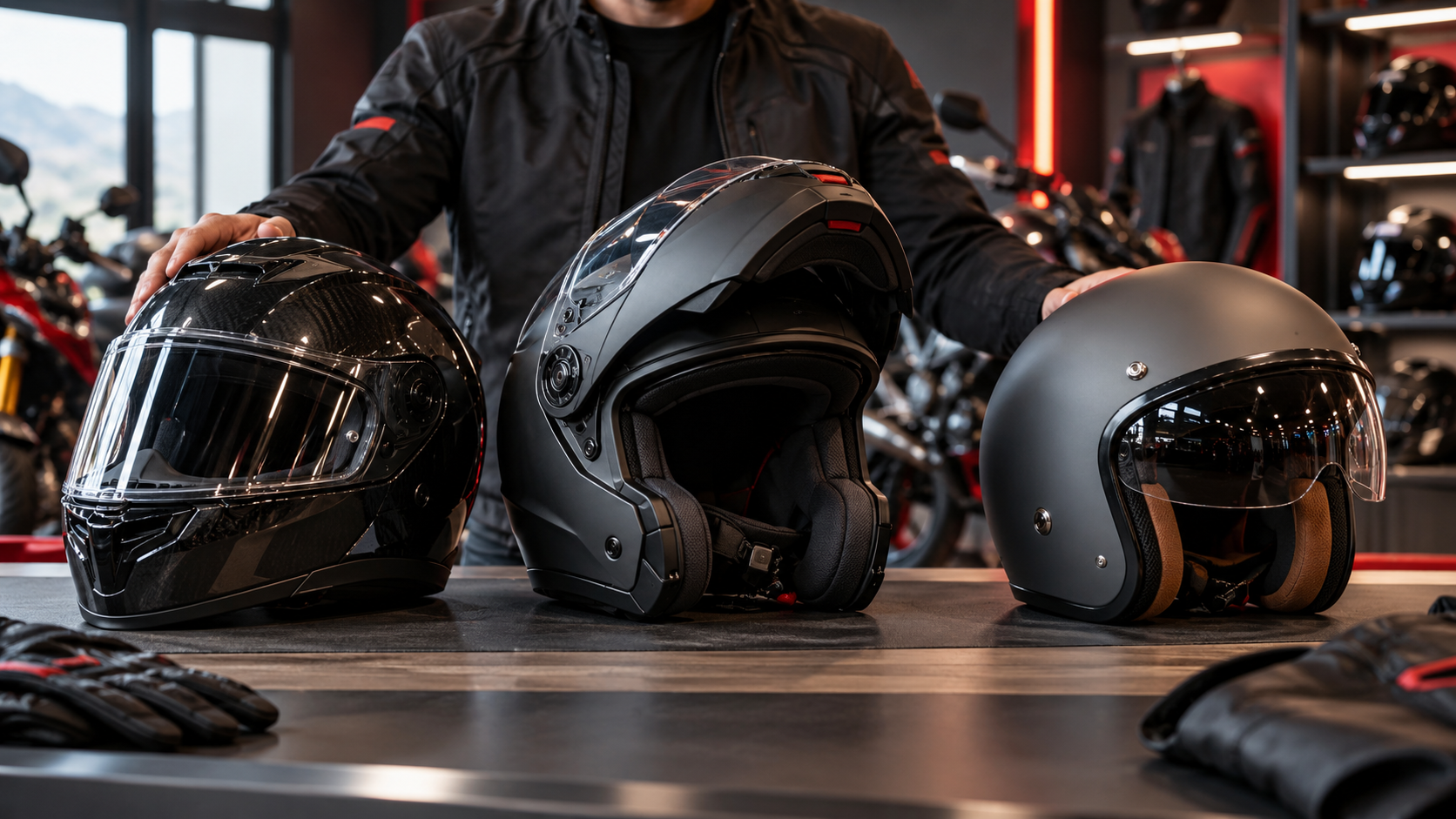 Comparatif de trois casques moto : intégral, modulable et jet présentés dans un showroom spécialisé.
