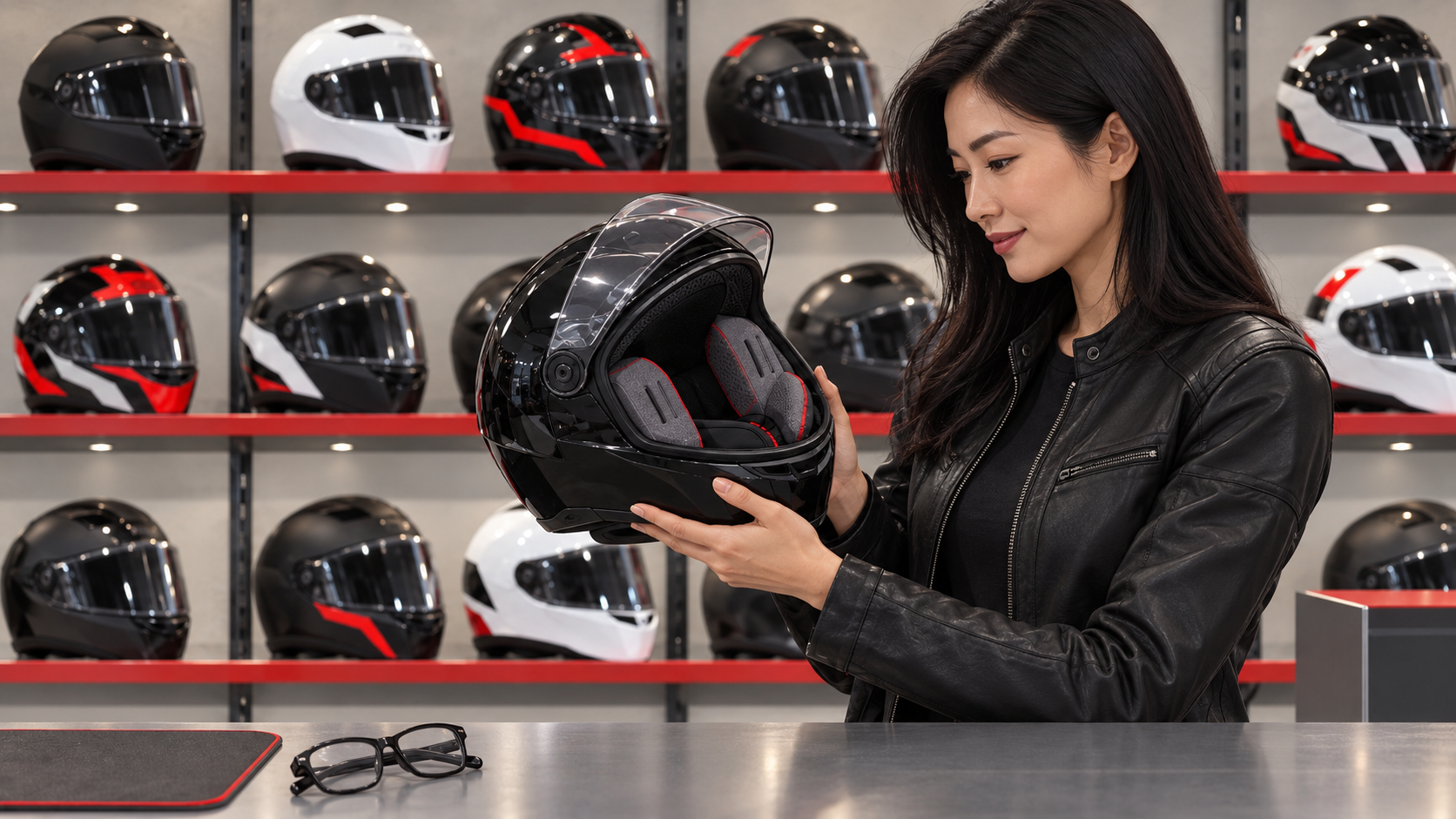 Femme dans une boutique moto, examinant un casque intégral noir sur le comptoir.