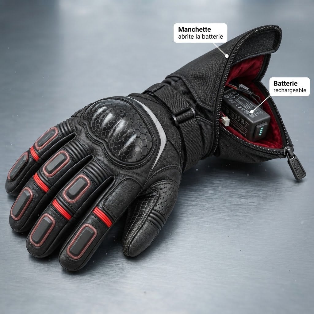 Gant de moto noir avec moteur de paume renforcé et poche zippée contenant une batterie rechargeable et une manchette abritant