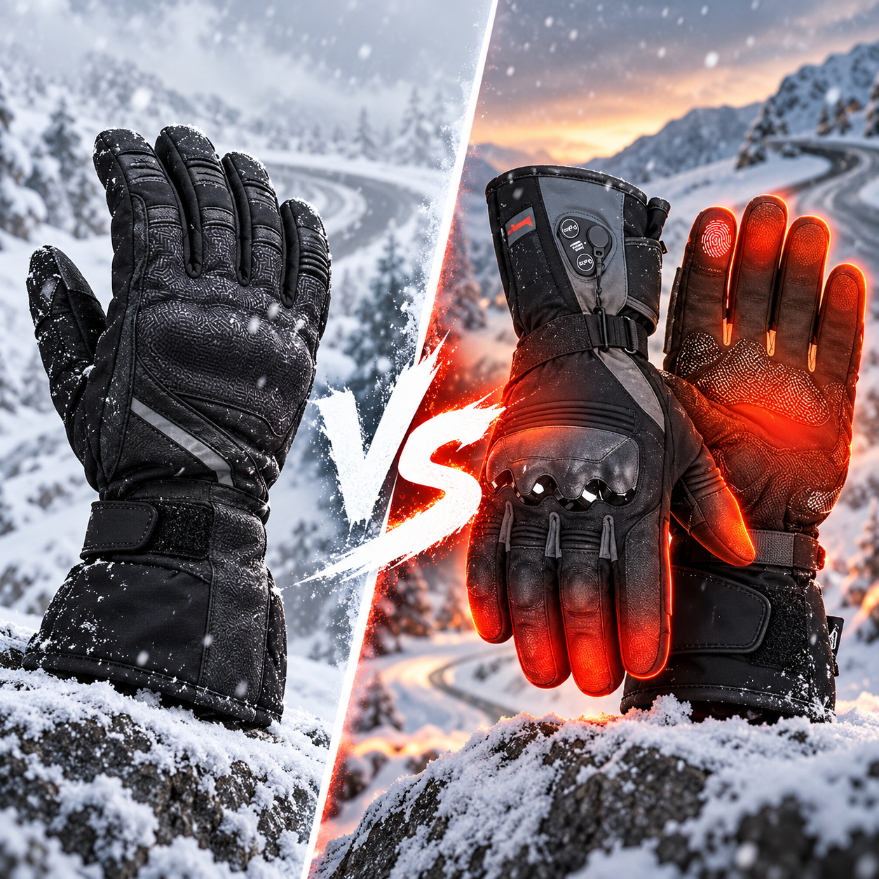 Gants de moto d’hiver noirs, séparés par une ligne diagonale sur fond enneigé.