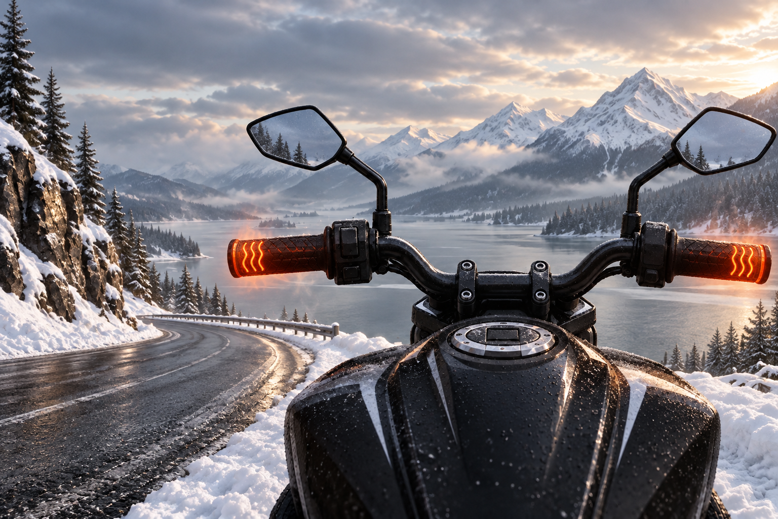 Moto-muscle sur route enneigée avec vue sur montagnes, poignées chauffantes allumées Moto-muscle sur route enneigée avec vue sur montagnes, poignées chauffantes allumées