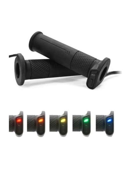 Poignées chauffantes avec commande LED montrant les différents niveaux de chauffe sur le guidon, adaptées à un guidon de moto